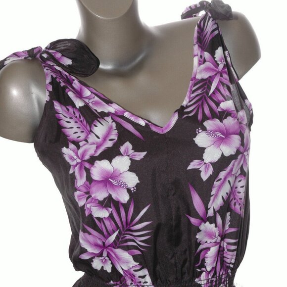 HAWAIIAN DRESS Aloha Black w/ Purple Hibiscus Floral Orchid Hawaii Summer Sun S - Picture 2 of 7